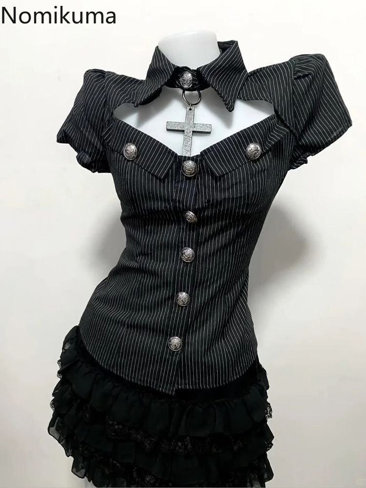 Summer Goth Clothing - Goth Zweiteiler Damenkleidung Ausgeschnittene Taillierte Gestreifte