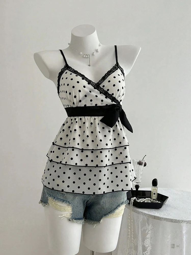 Summer Clothing For 60 Year Old Woman - Französischer Retro-Stil Spitzen-Patchwork Farbblockierter Punkt-Camisole mit