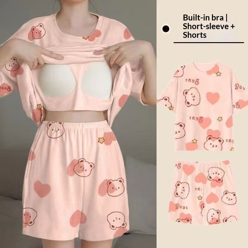 Summer House Clothing - Sommer-Damen-Pyjama-Set mit Kurzen Ärmeln und Brustpolster,