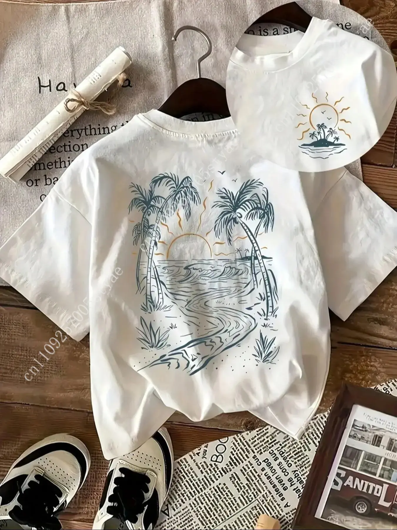 Summer Quilt - Damen-T-Shirt mit Kokosnussbaum- und Sonnen-Print, Rundhalsausschnitt,