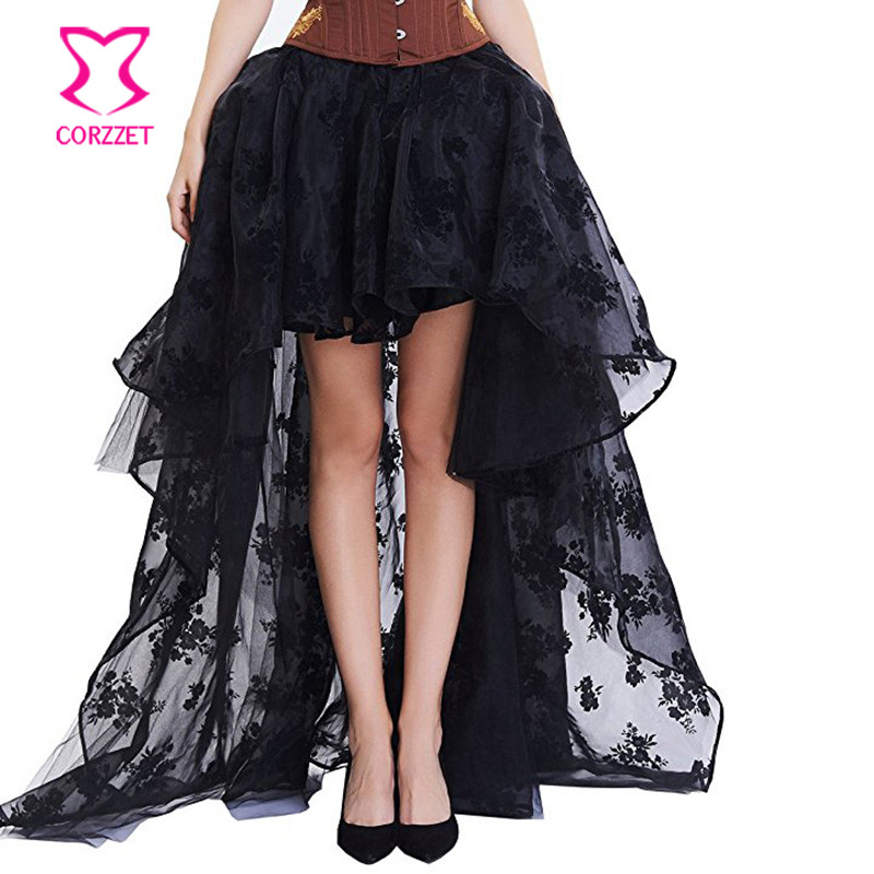 Summer Victorian Clothing - Schwarz Floral Chiffon Vordere Kurze Zurück
