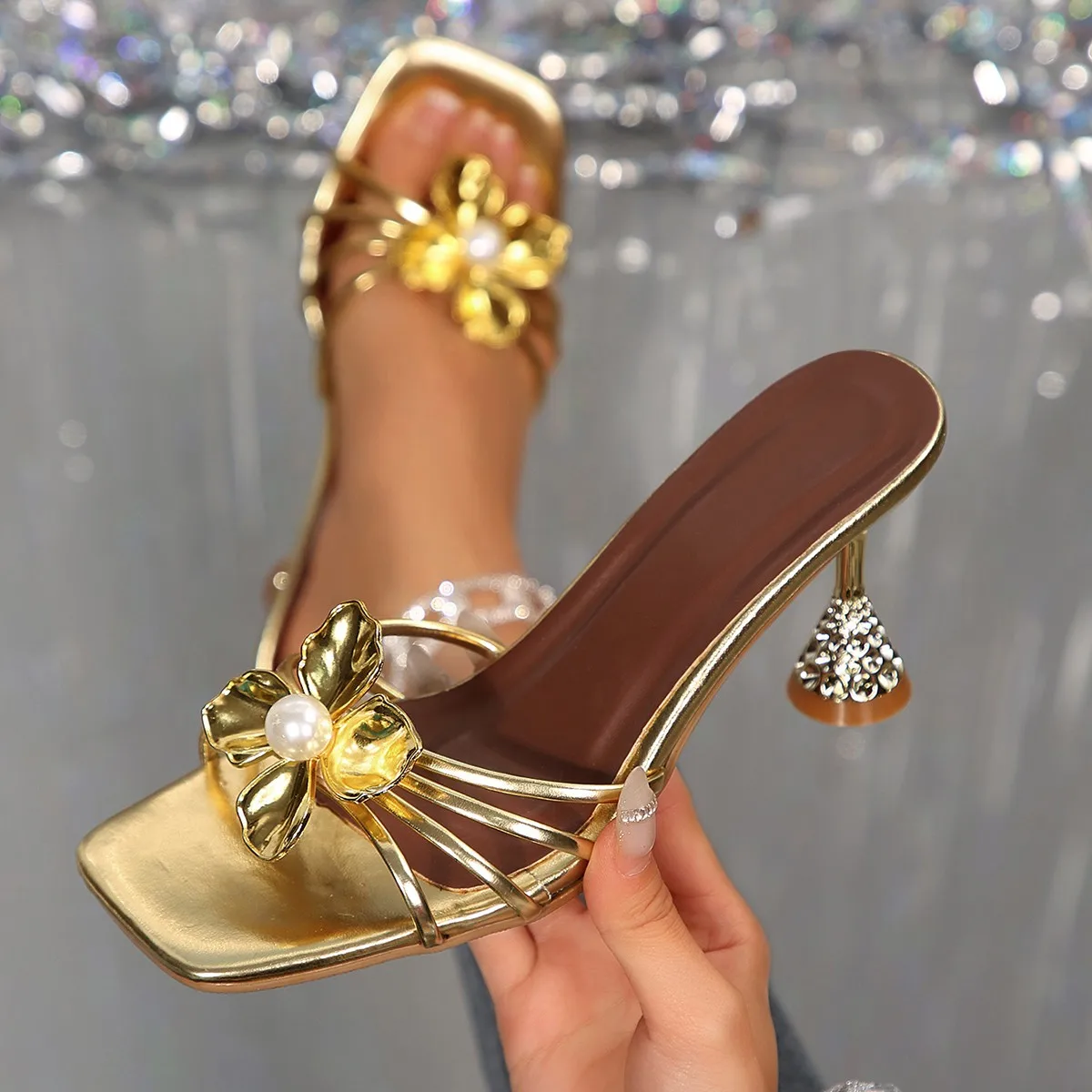Summer Clothing Offers - Vintage Metall-Blumen-Kristall-Sandalen mit Keilabsatz, Sommer-Perlen-Sandalen mit