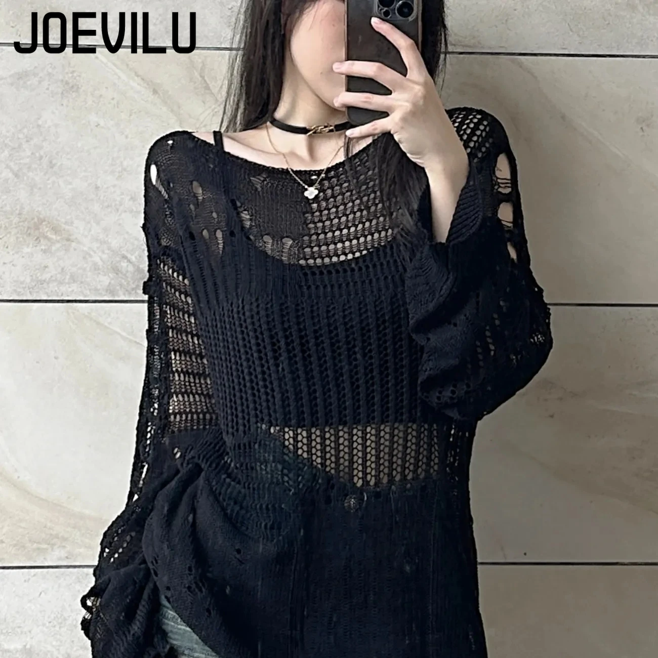 Summer Goth Clothing - JOEVILU Hohl Stricken Bluse Sommer Lose
