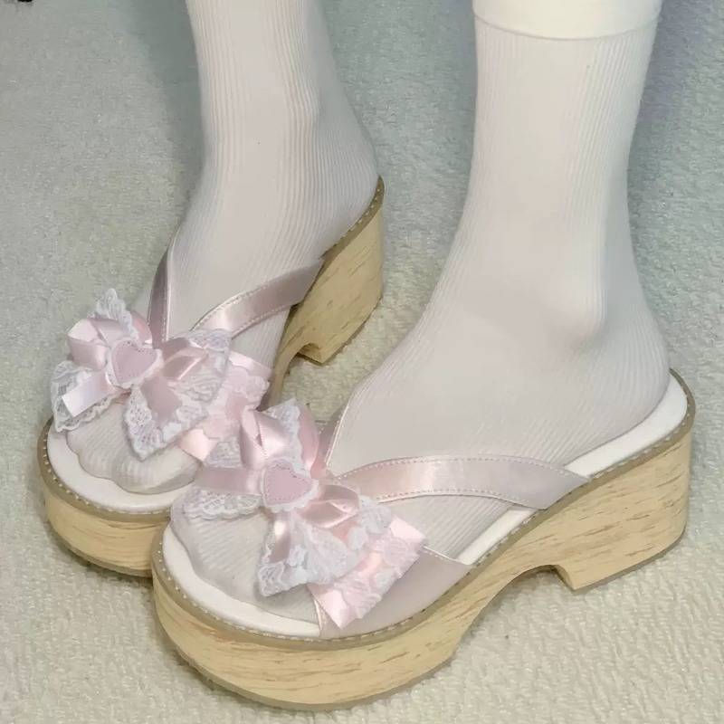 Summer Clothing Offers - Süße Schleifen-Holzmaserung Plateau-Slipper für Damen –