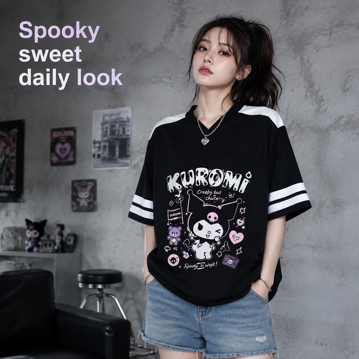 Summer Goth Clothing - Schwarz-Weißes Kuromi Oversize V-Ausschnitt Jersey-T-Shirt mit