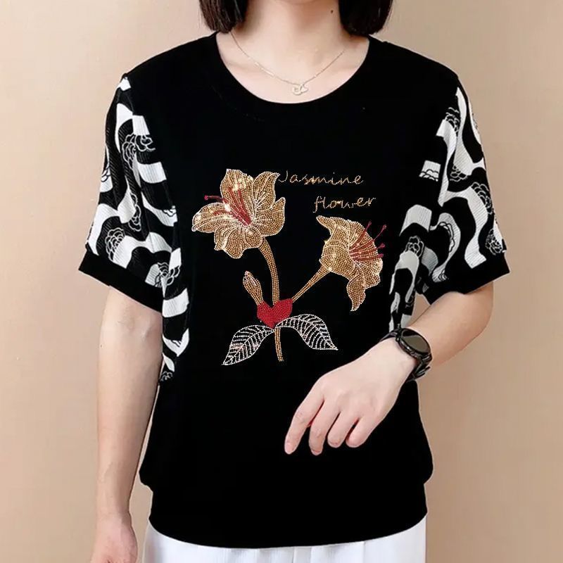 Summer Clothing For 60 Year Old Woman - Modische O-Ausschnitt Gestreifte T-Shirts mit Diamantmuster