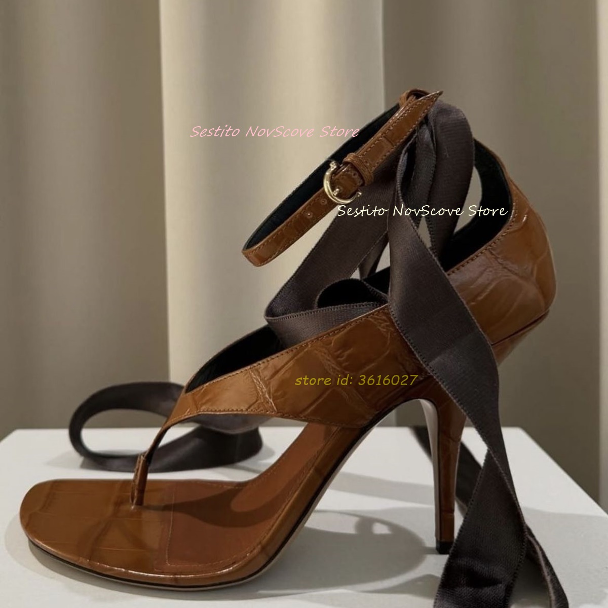 Summer Clothing Offers - Braune offene Zehen-Schnürsandalen, Flip-Flops, Knöchelriemen, Schnalle,