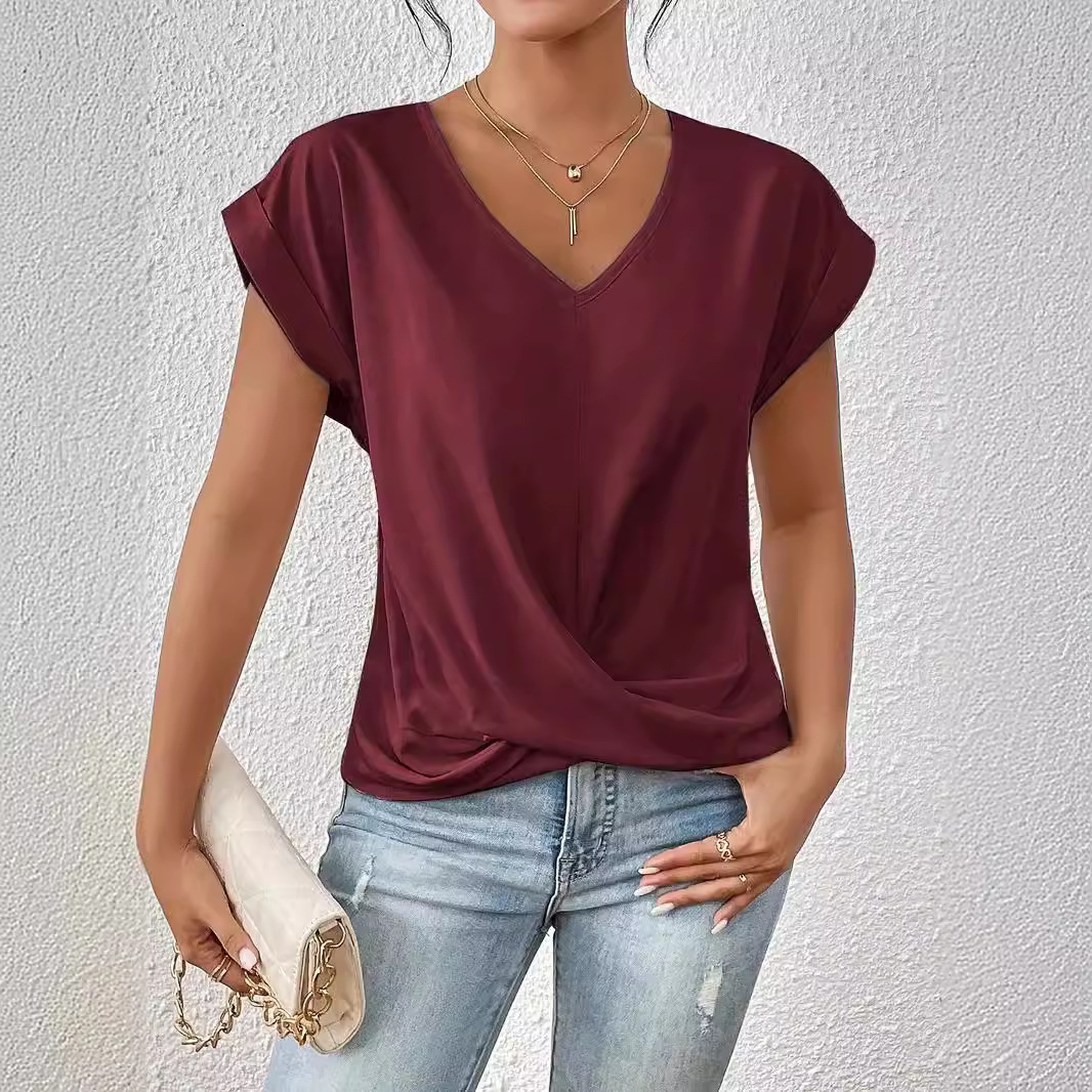 Summer Clothing For 60 Year Old Woman - Damen T-Shirt 2026 Mode Einfarbiges V-Ausschnitt